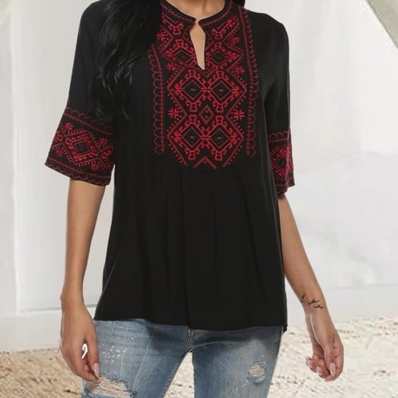 Tops - AK Women's Summer V Neck
Boho Embroidered Mexican
Shirts
Short Sleeve Casual Top